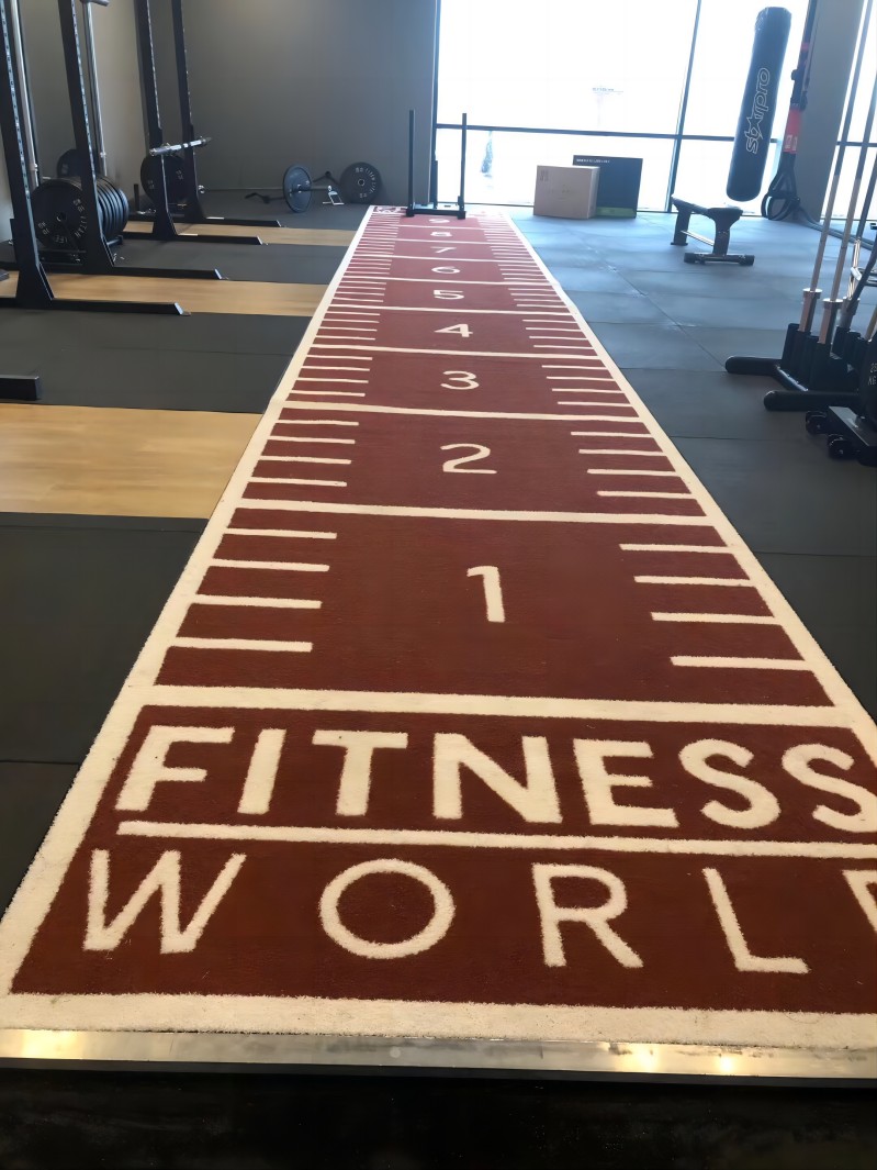 customized logo gym sledding RED artificial grass with white lines and logos